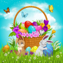 Cesta de Páscoa com flores e ovos