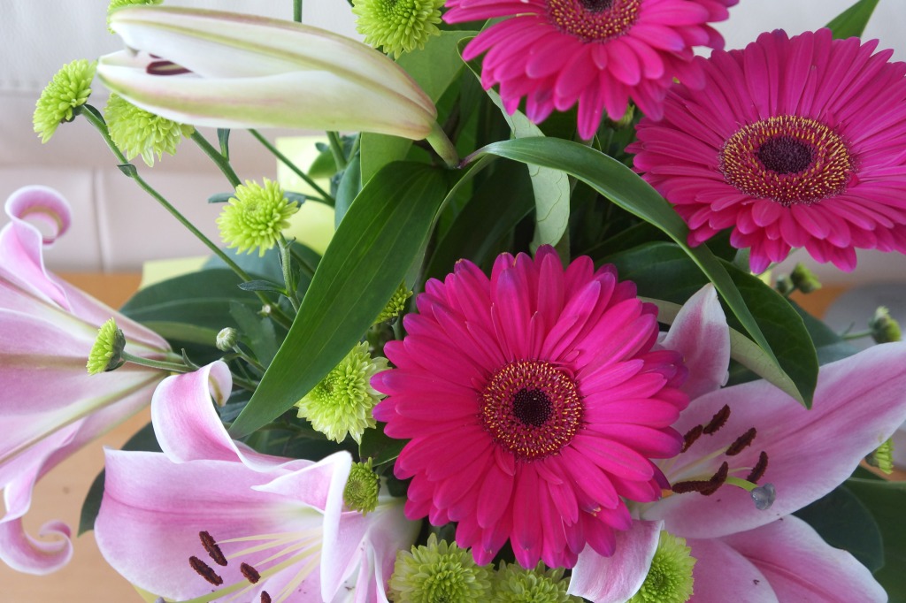 Gerbera, Oriental Lily and Chrysanthemum jigsaw puzzle in Flowers puzzles on TheJigsawPuzzles.com