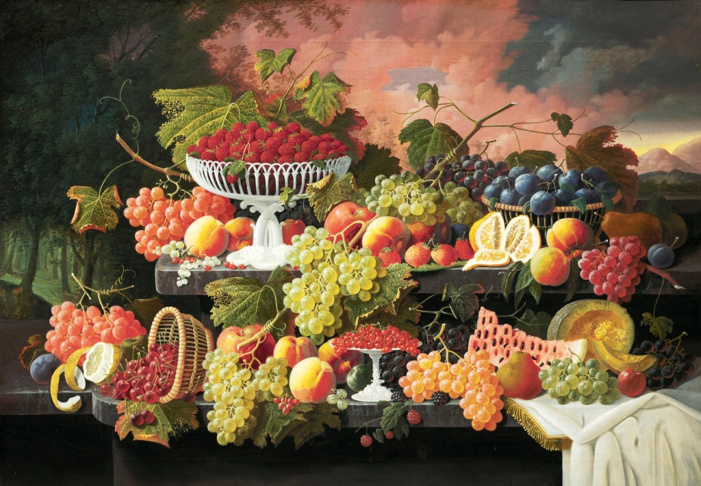 Nature Morte avec des fruits et un paysage au coucher de soleil jigsaw puzzle in Fruits & Légumes puzzles on TheJigsawPuzzles.com