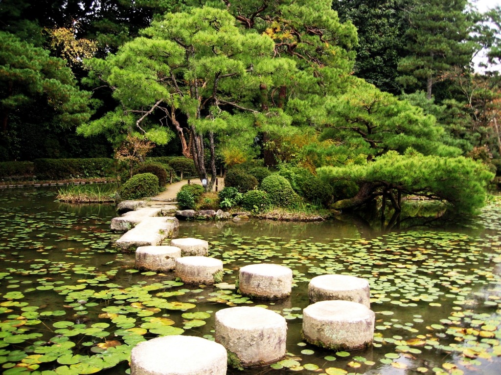 Jardins, Santuário Heian, Quioto, Japão jigsaw puzzle in Pontes puzzles on TheJigsawPuzzles.com