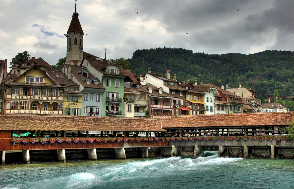 Набережная и мост в городе Тун, Швейцария jigsaw puzzle in Мосты puzzles on TheJigsawPuzzles.com