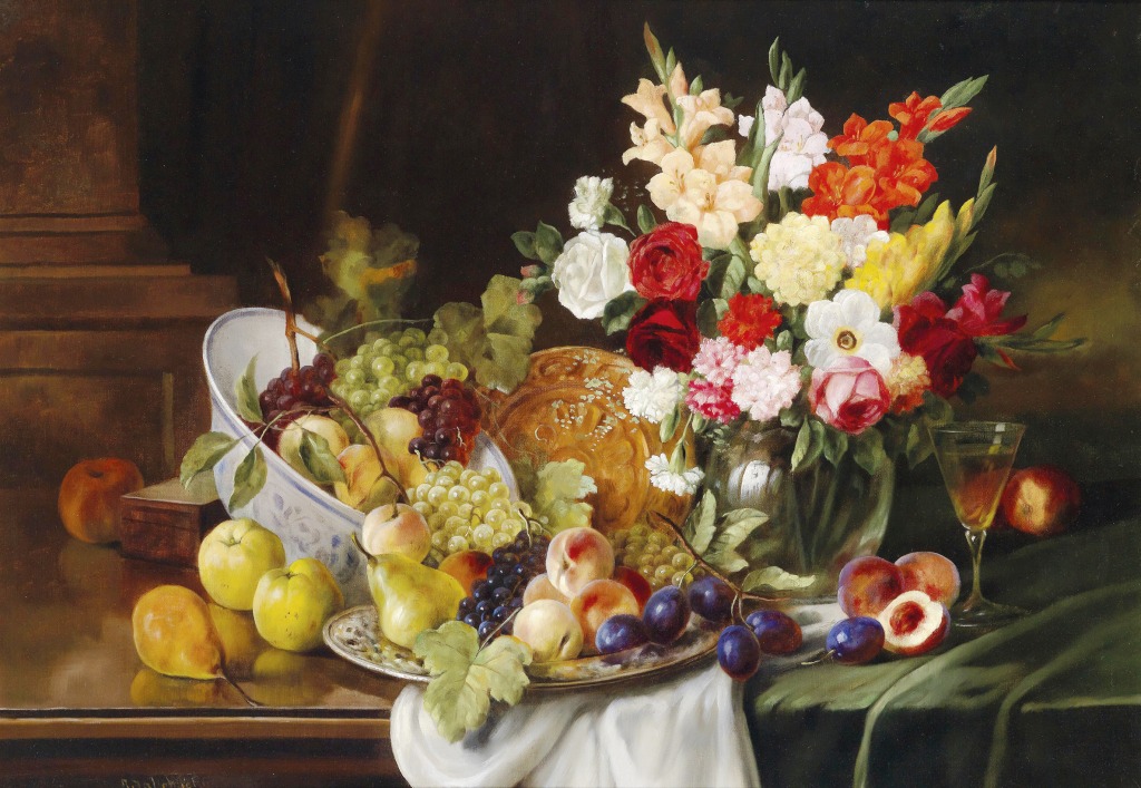 Still Life with Flowers and Fruits jigsaw puzzle in Piece of Art puzzles on TheJigsawPuzzles.com