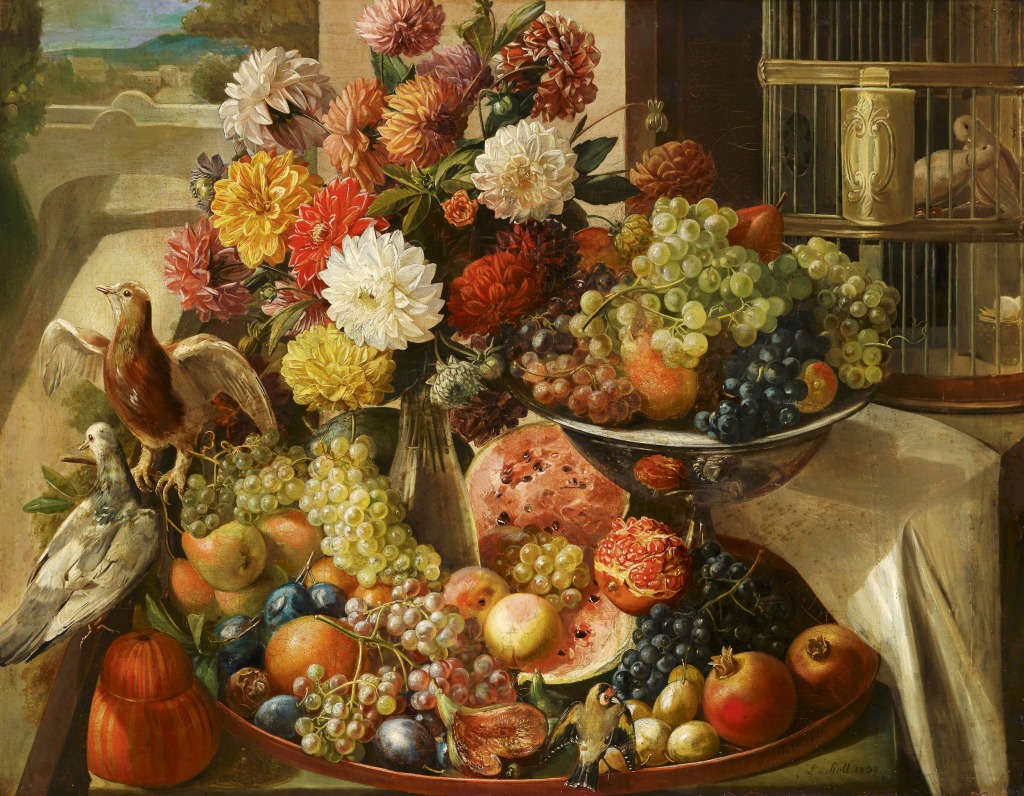 Still Life with Birds, Flowers and Fruits jigsaw puzzle in Fruits & Veggies puzzles on TheJigsawPuzzles.com