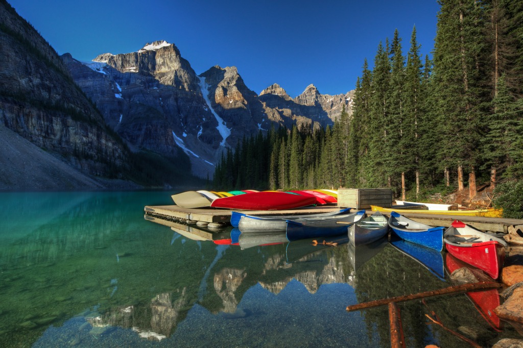 Canoes on Lake Moraine, Alberta,Canada jigsaw puzzle in Puzzle of the Day puzzles on TheJigsawPuzzles.com
