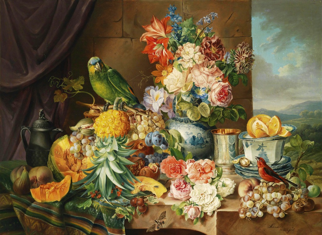 Still Life with Fruit, Flowers and Parrot jigsaw puzzle in Fruits & Veggies puzzles on TheJigsawPuzzles.com