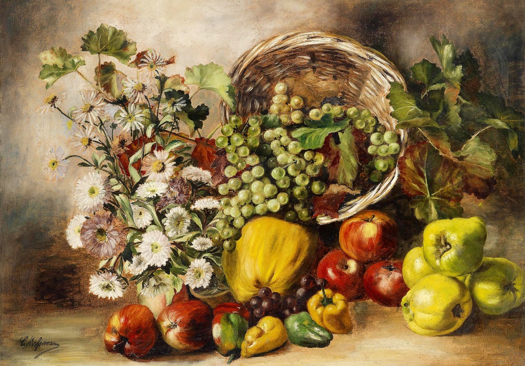 Still Life with Asters and Basket of Fruit jigsaw puzzle in Fruits & Veggies puzzles on TheJigsawPuzzles.com