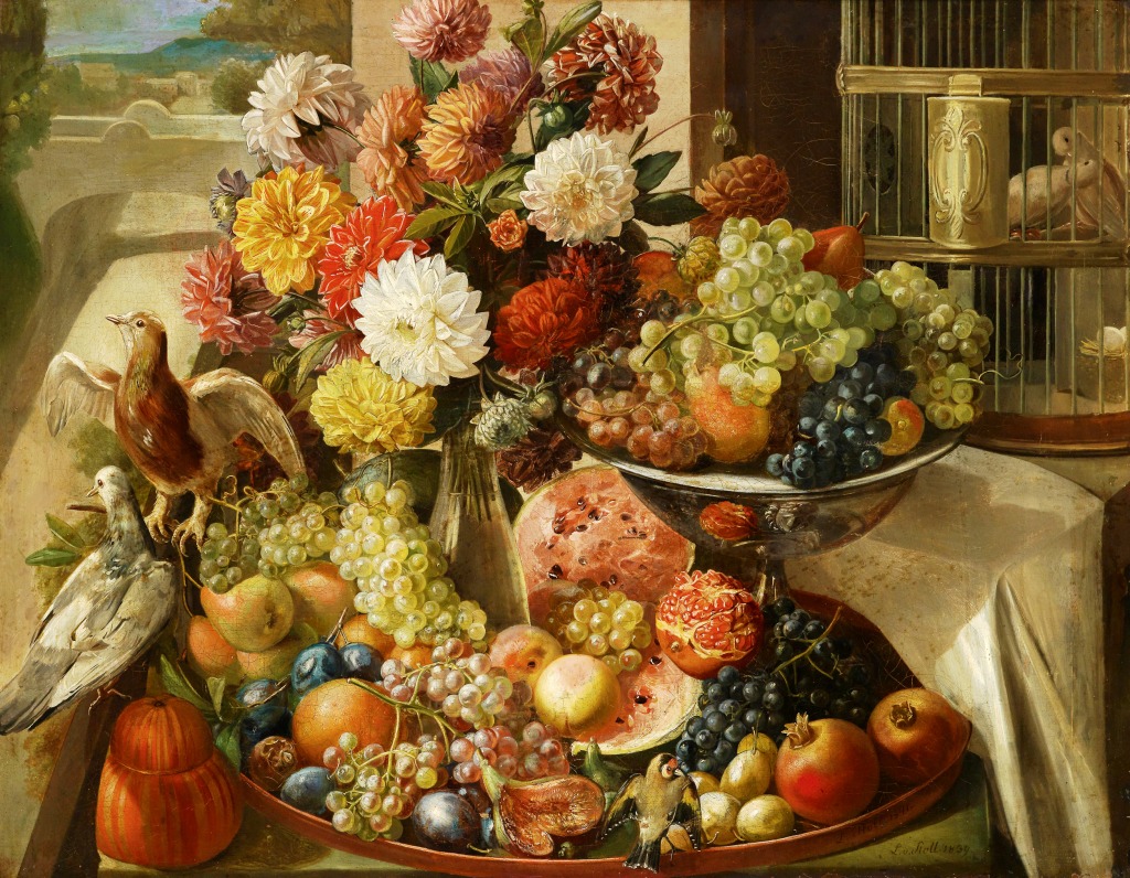 Great Still Life with Birds jigsaw puzzle in Fruits & Veggies puzzles on TheJigsawPuzzles.com