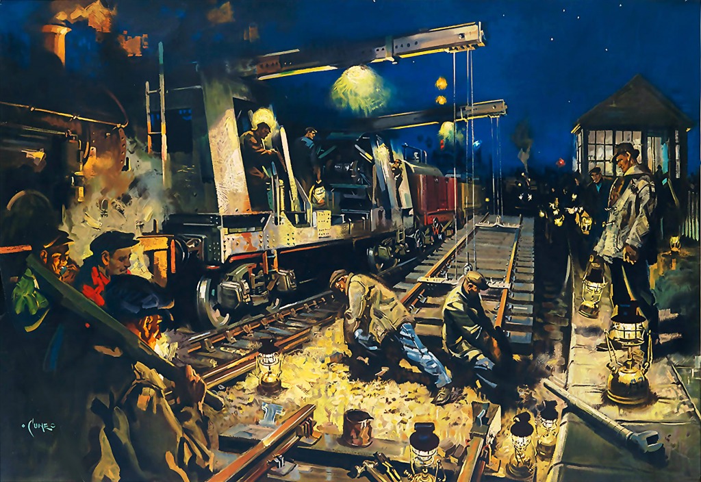 Pose de voies ferrées pendant la nuit jigsaw puzzle in Personnes puzzles on TheJigsawPuzzles.com