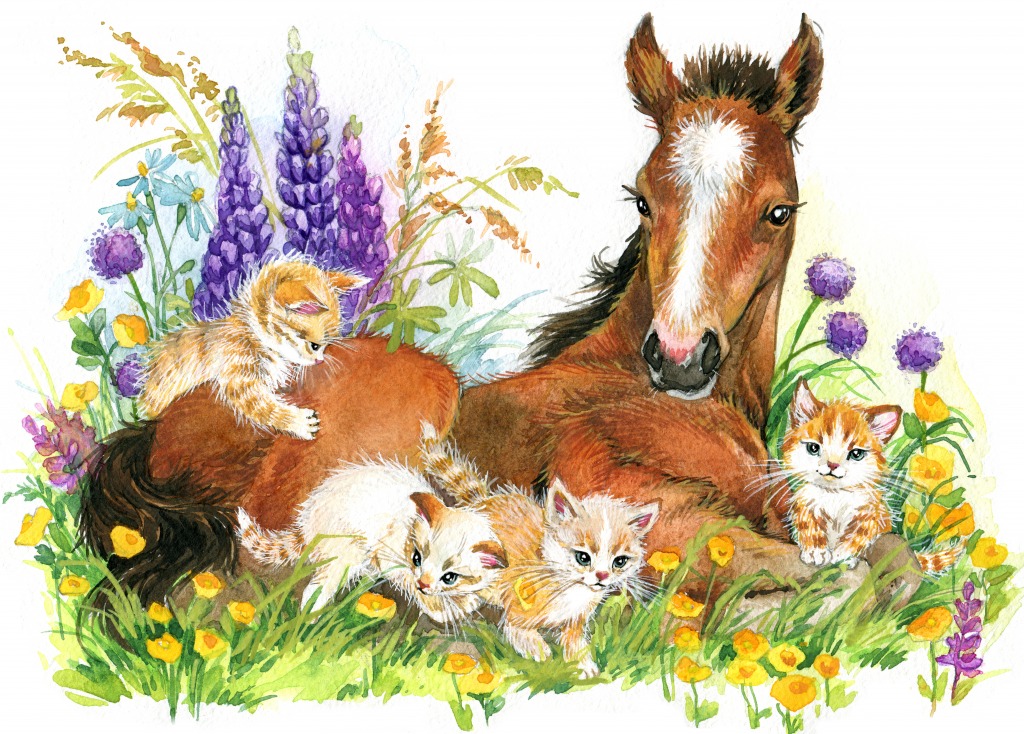 Horse and Kittens jigsaw puzzle in Animals puzzles on TheJigsawPuzzles.com