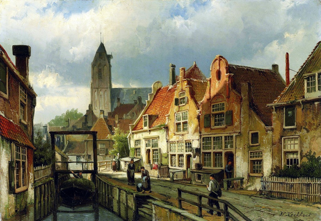 Figures on a Canal in Oudewater, Holland jigsaw puzzle in Piece of Art puzzles on TheJigsawPuzzles.com