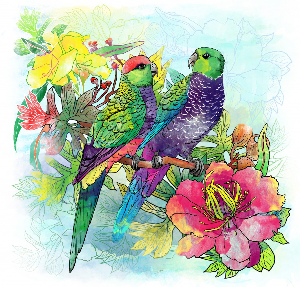 Papageie und Blumen jigsaw puzzle in Tiere puzzles on TheJigsawPuzzles.com