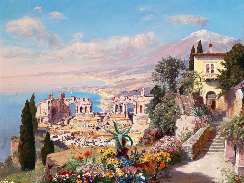 Vista de Taormina, Sicília jigsaw puzzle in Obras de Arte puzzles on TheJigsawPuzzles.com