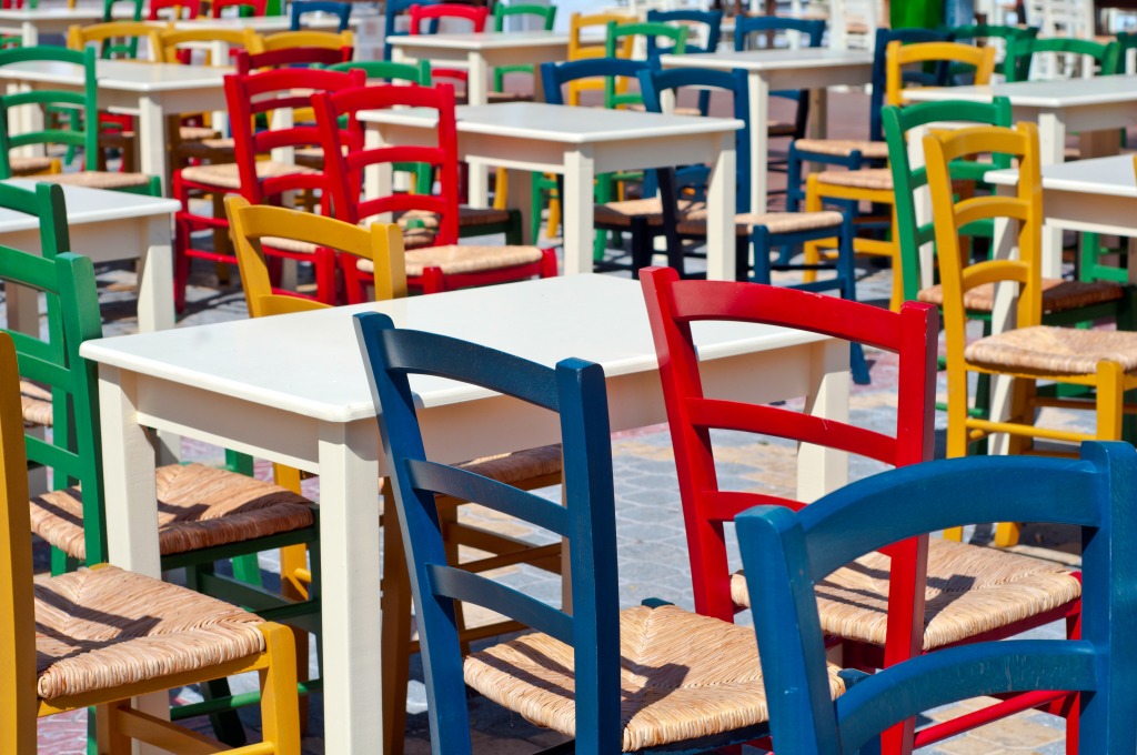 Colorful Chairs Outside A Restaurant jigsaw puzzle in Puzzle of the Day puzzles on TheJigsawPuzzles.com