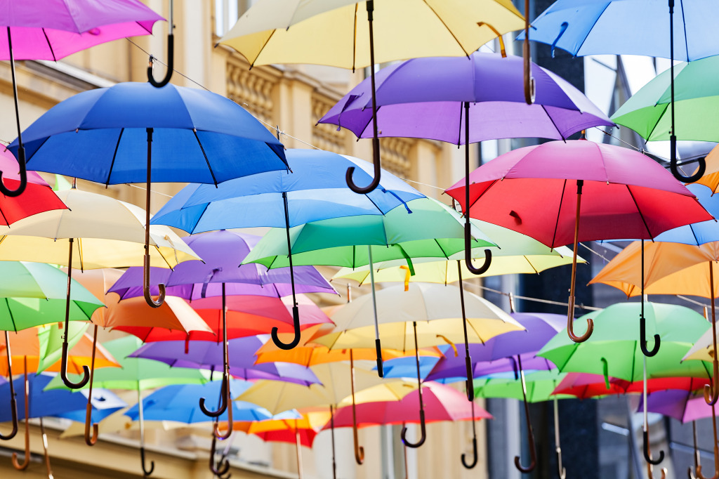 Street Decoration with Open Umbrellas jigsaw puzzle in Puzzle of the Day puzzles on TheJigsawPuzzles.com