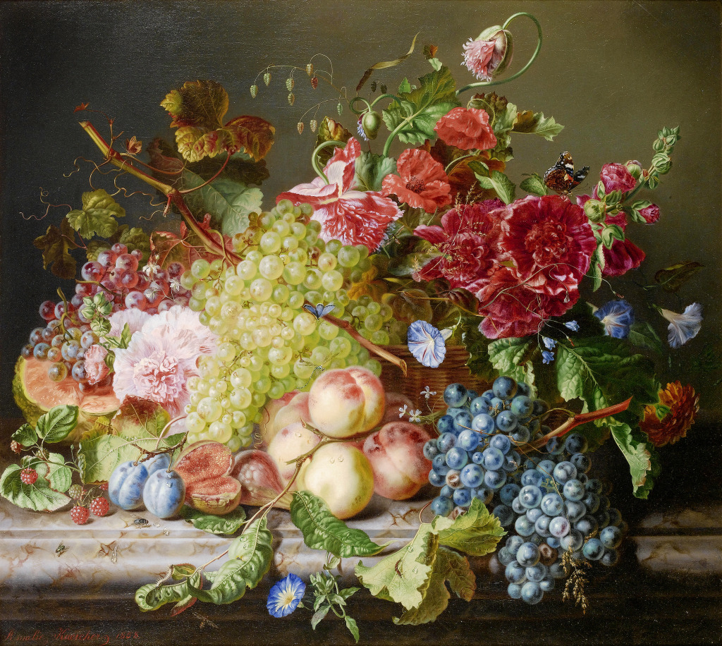 Still Life with Fruit and Flowers on a Ledge jigsaw puzzle in Fruits & Veggies puzzles on TheJigsawPuzzles.com