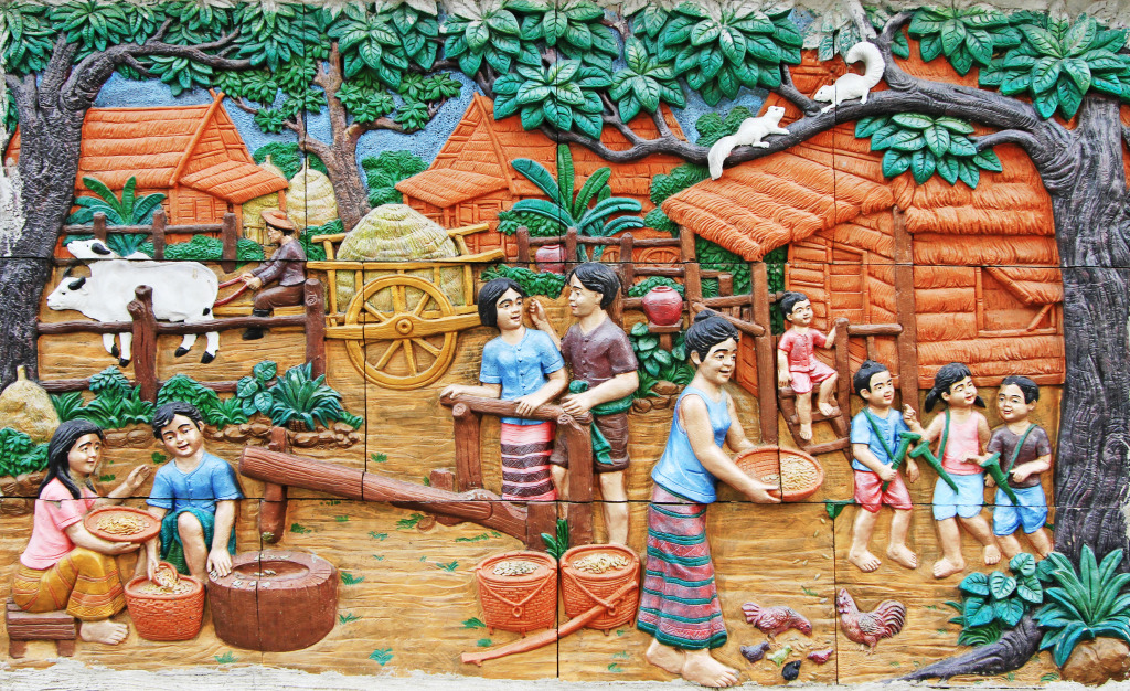 Sculptures de pierre sur les murs d'un temple Thaï jigsaw puzzle in Bricolage puzzles on TheJigsawPuzzles.com
