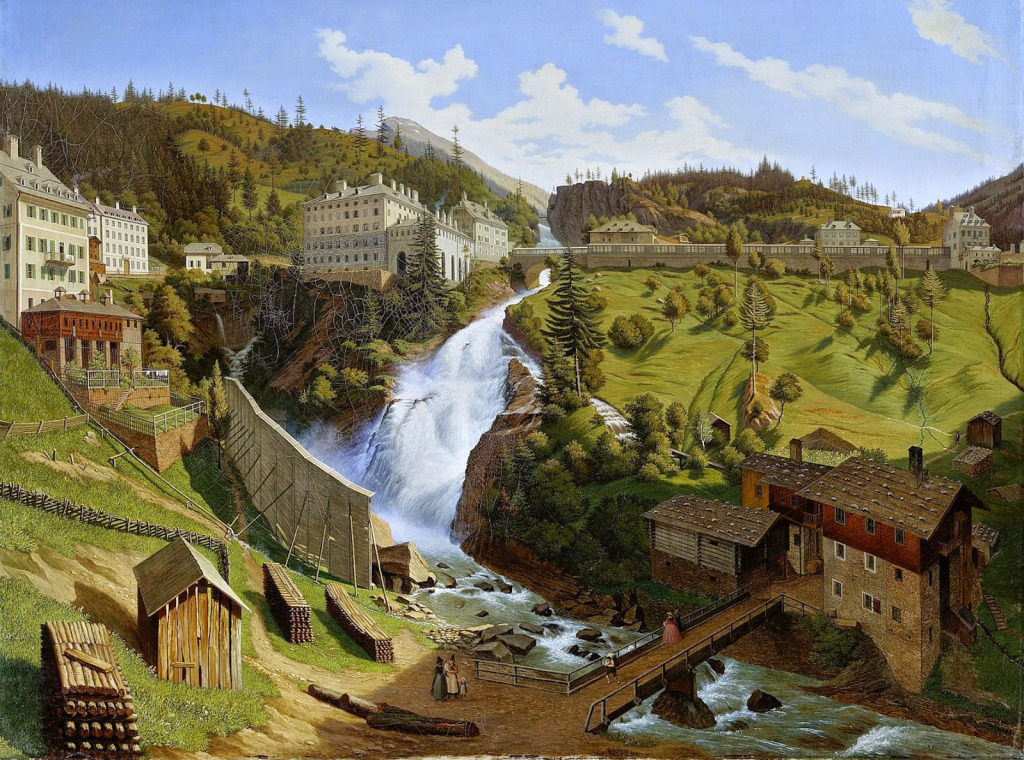 Wildbad Gastein with a Magnificent Waterfall jigsaw puzzle in Piece of Art puzzles on TheJigsawPuzzles.com
