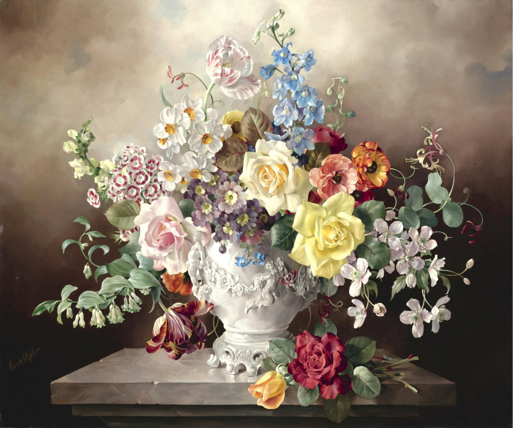Still Life with Flowers in a White Pot jigsaw puzzle in Flowers puzzles on TheJigsawPuzzles.com