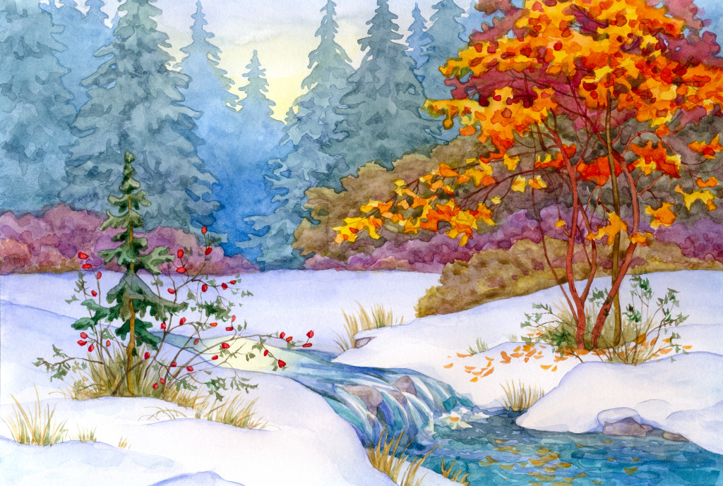 The First Snow Watercolor Landscape jigsaw puzzle in Waterfalls puzzles on TheJigsawPuzzles.com