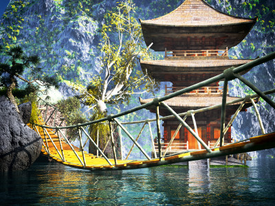 Japanese Buddhist Temple and Rope Bridge jigsaw puzzle in Bridges