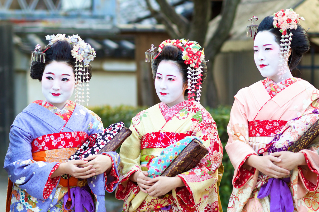 Three Young Geishas in Kyoto jigsaw puzzle in People puzzles on TheJigsawPuzzles.com