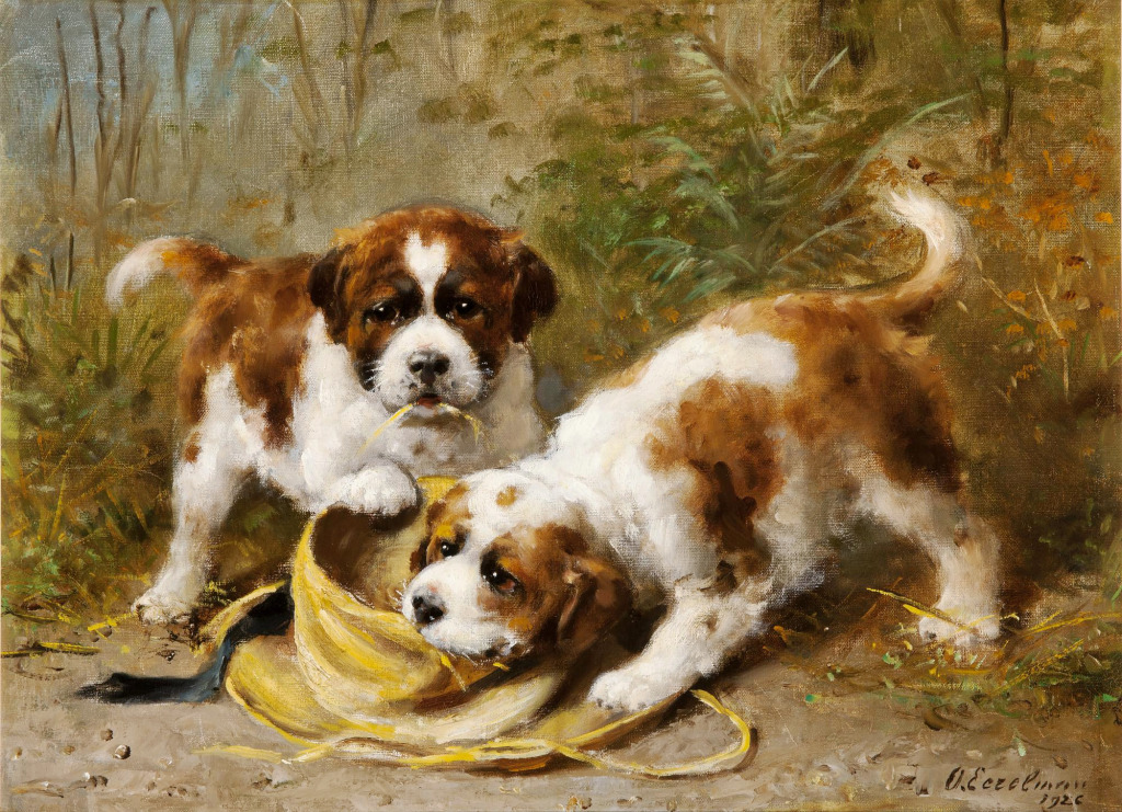 Two Saint-Bernard Puppies Playing with a Hat jigsaw puzzle in Piece of Art puzzles on TheJigsawPuzzles.com