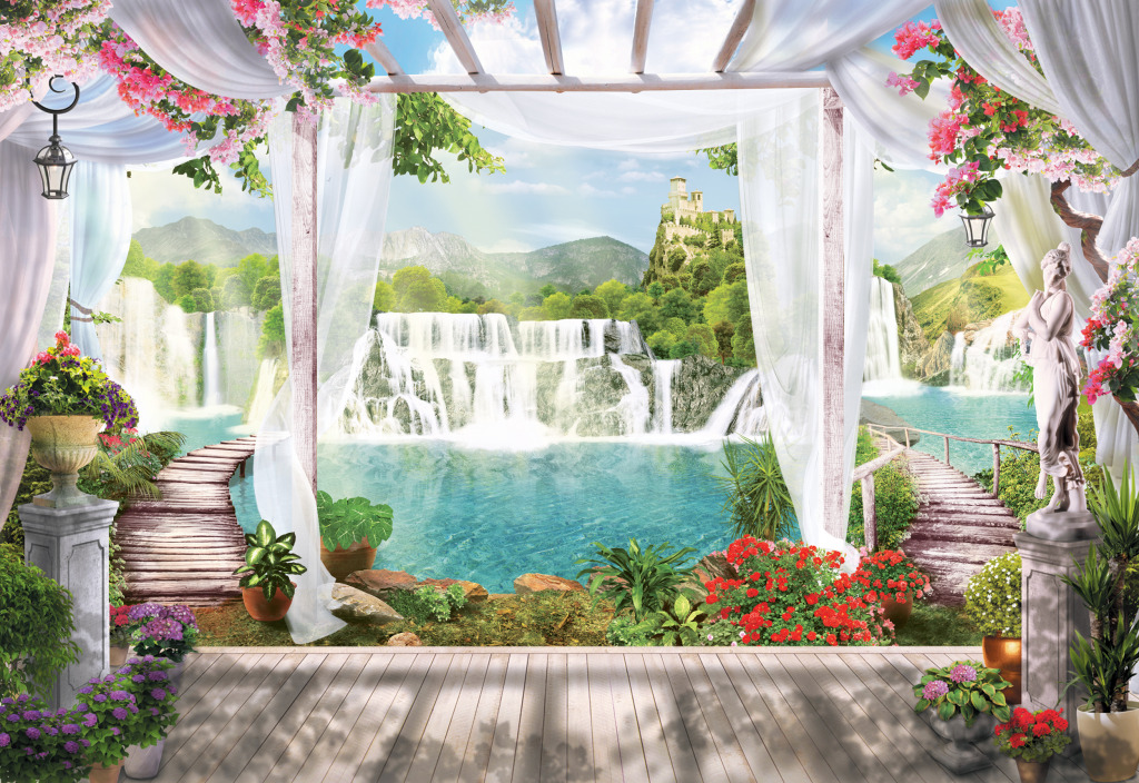 Terrace and Waterfall jigsaw puzzle in Waterfalls puzzles on TheJigsawPuzzles.com