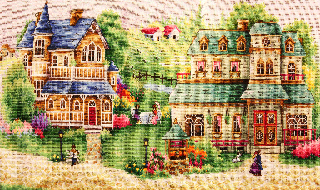 Embroidered Townscape jigsaw puzzle in Handmade puzzles on TheJigsawPuzzles.com