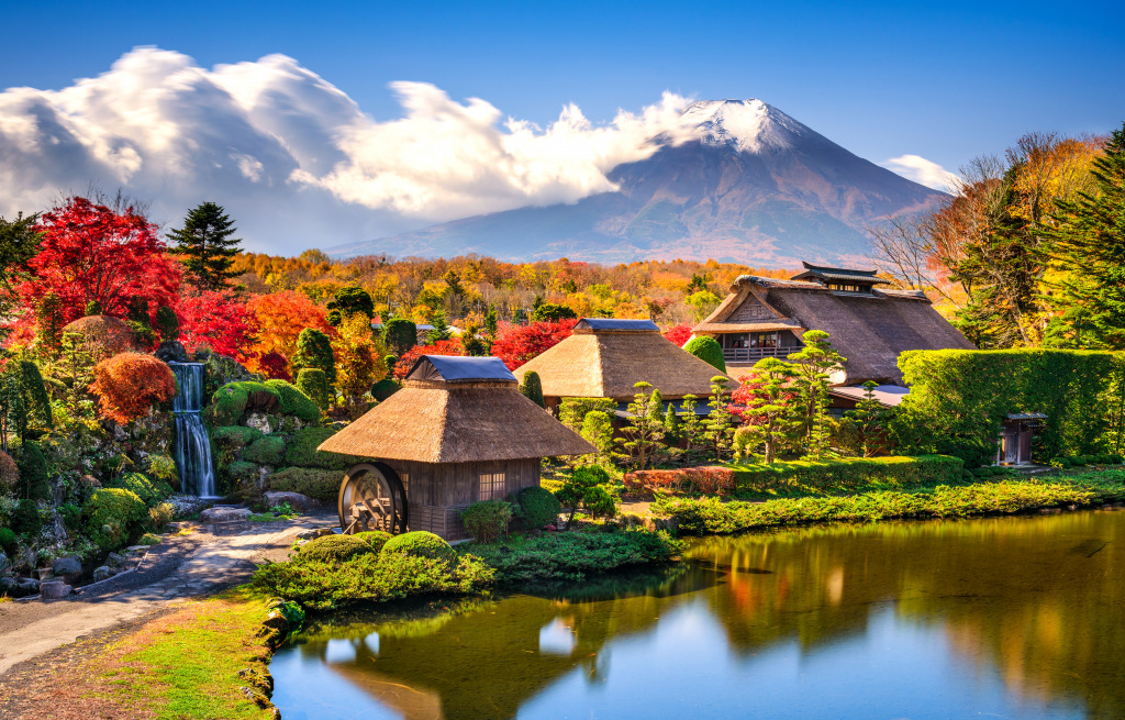Historic Japanese Farmhouses with Mt. Fuji jigsaw puzzle in Great Sightings puzzles on TheJigsawPuzzles.com
