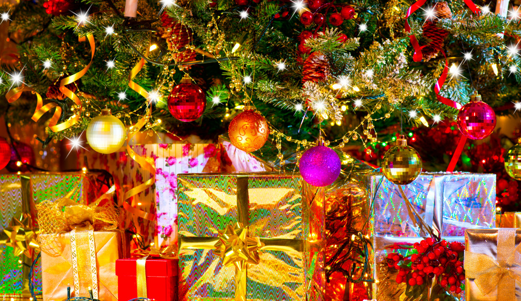 Новогодняя елка и подарки jigsaw puzzle in Новый год и Рождество puzzles on TheJigsawPuzzles.com