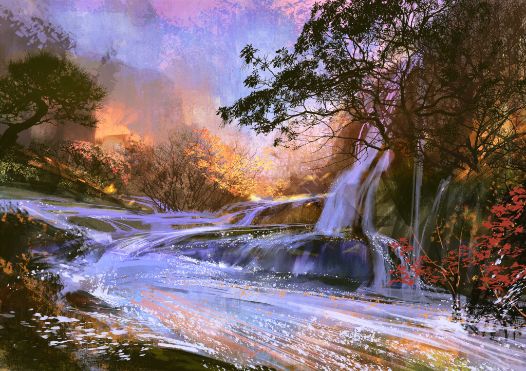 Fantasy Landscape with a Waterfall jigsaw puzzle in Waterfalls puzzles on TheJigsawPuzzles.com