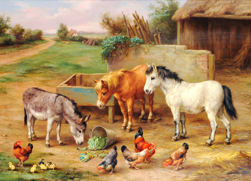 A Donkey, Ponies and Poultry in a Farmyard jigsaw puzzle in Piece of Art puzzles on TheJigsawPuzzles.com