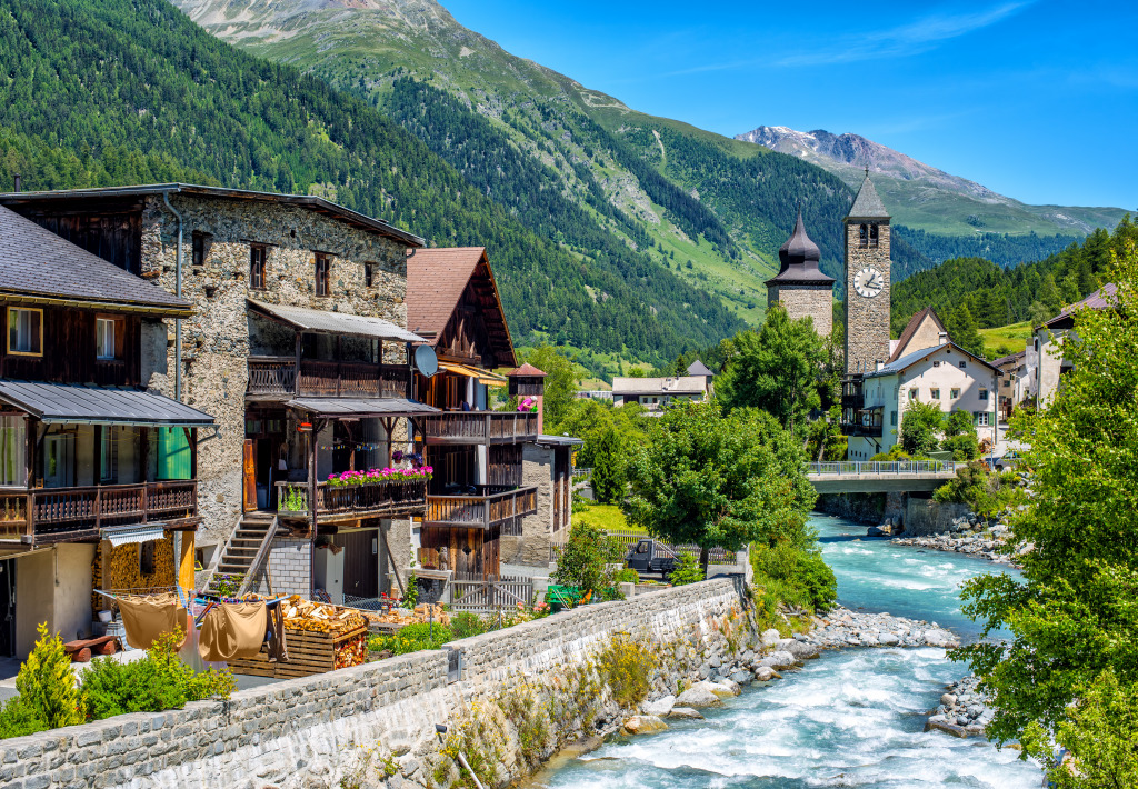 Susch Village, Swiss Alps jigsaw puzzle in Puzzle of the Day puzzles on TheJigsawPuzzles.com