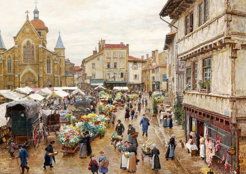 Market in Charlieu jigsaw puzzle in Piece of Art puzzles on TheJigsawPuzzles.com