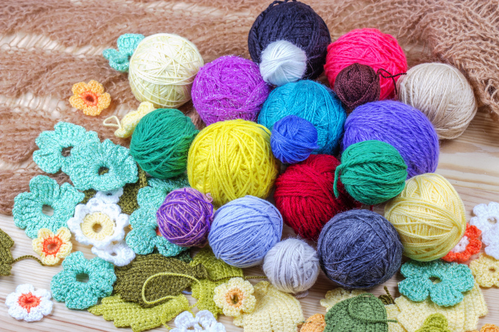 Balls of Yarn with Crocheted Flowers jigsaw puzzle in Handmade puzzles on TheJigsawPuzzles.com