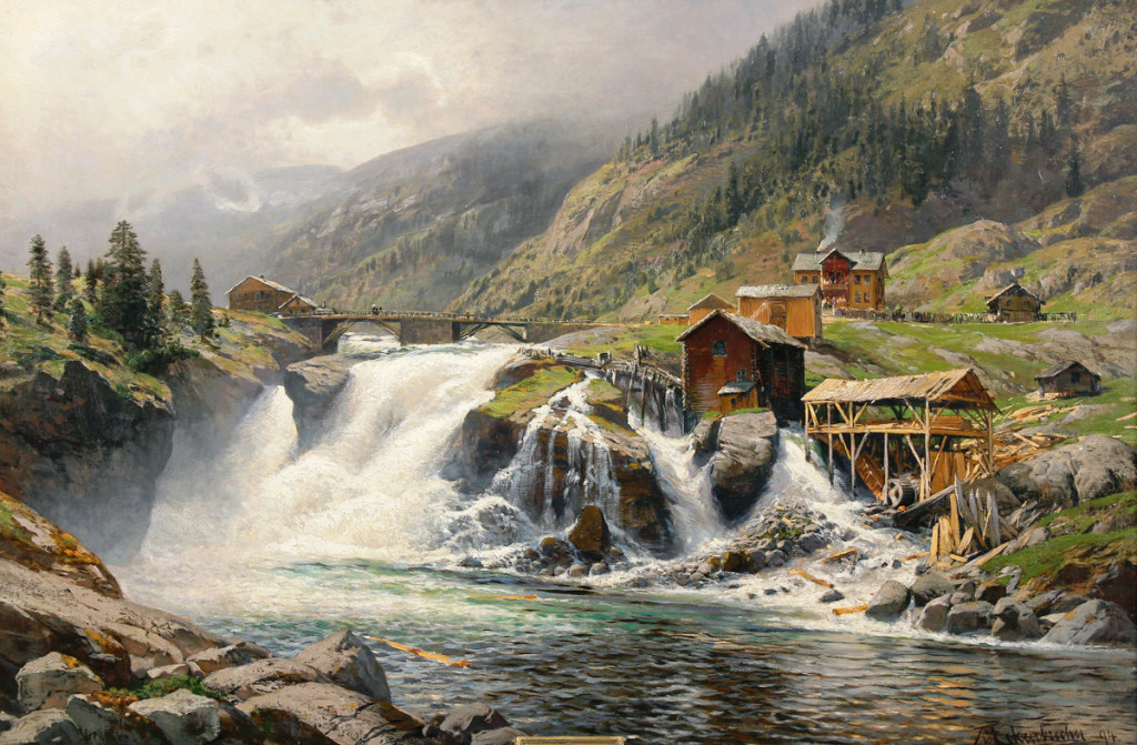 Norwegische Landschaft mit einer Wassermühle jigsaw puzzle in Wasserfälle puzzles on TheJigsawPuzzles.com