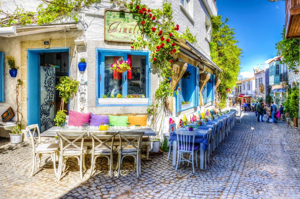 Street Cafe in Alacati, Turkey jigsaw puzzle in Puzzle of the Day puzzles on TheJigsawPuzzles.com