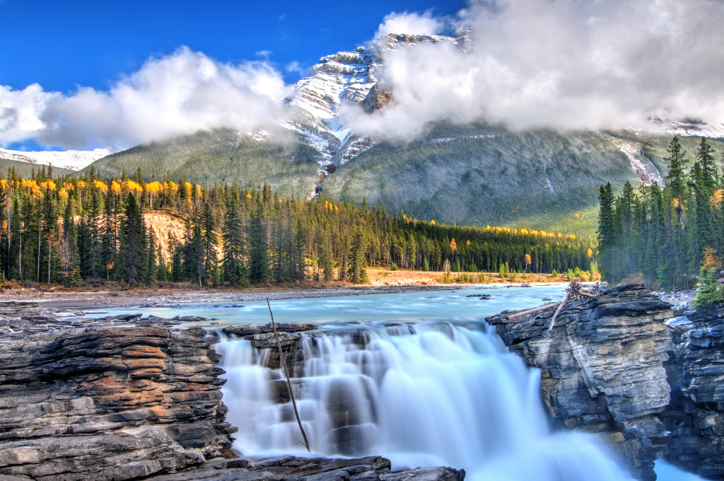 Athabasca Falls, Montanhas Rochosas Canadenses jigsaw puzzle in Cachoeiras puzzles on TheJigsawPuzzles.com