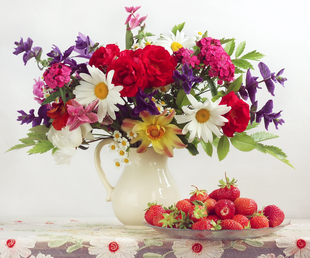 Garden Flowers in a White Jug jigsaw puzzle in Flowers puzzles on TheJigsawPuzzles.com