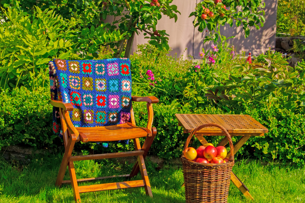 Garden Furniture and Granny Square Blanket jigsaw puzzle in Handmade puzzles on TheJigsawPuzzles.com