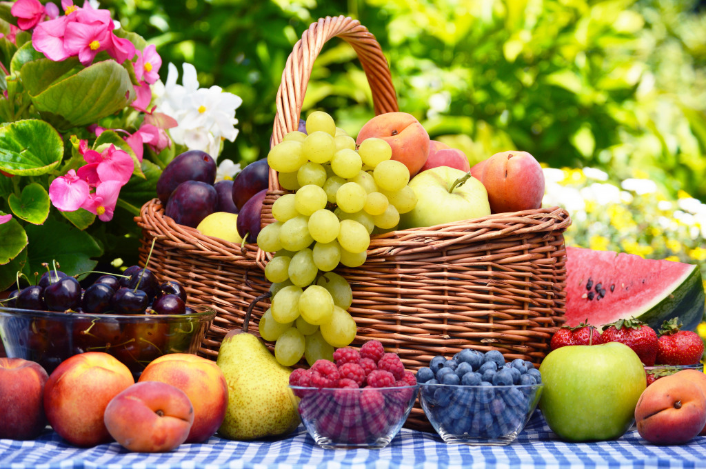 Fruit Basket in the Garden jigsaw puzzle in Fruits & Veggies puzzles on TheJigsawPuzzles.com