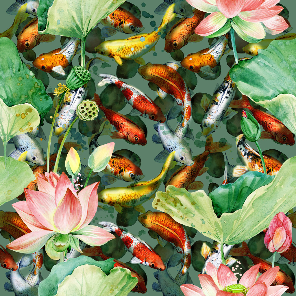 Koi Carps With Lotus Flowers jigsaw puzzle in Under the Sea puzzles on TheJigsawPuzzles.com
