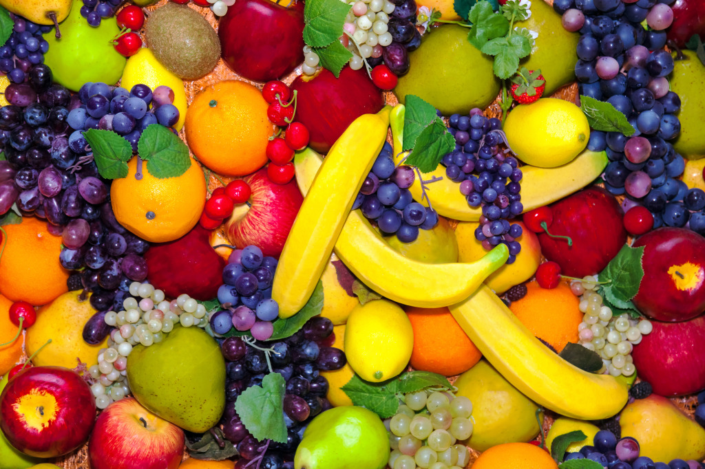 Bananas, Grapes, Apples, Oranges jigsaw puzzle in Fruits & Veggies puzzles on TheJigsawPuzzles.com