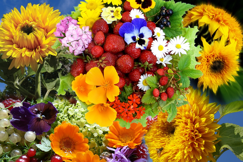 Bright Summer Flowers and Berries jigsaw puzzle in Flowers puzzles on TheJigsawPuzzles.com