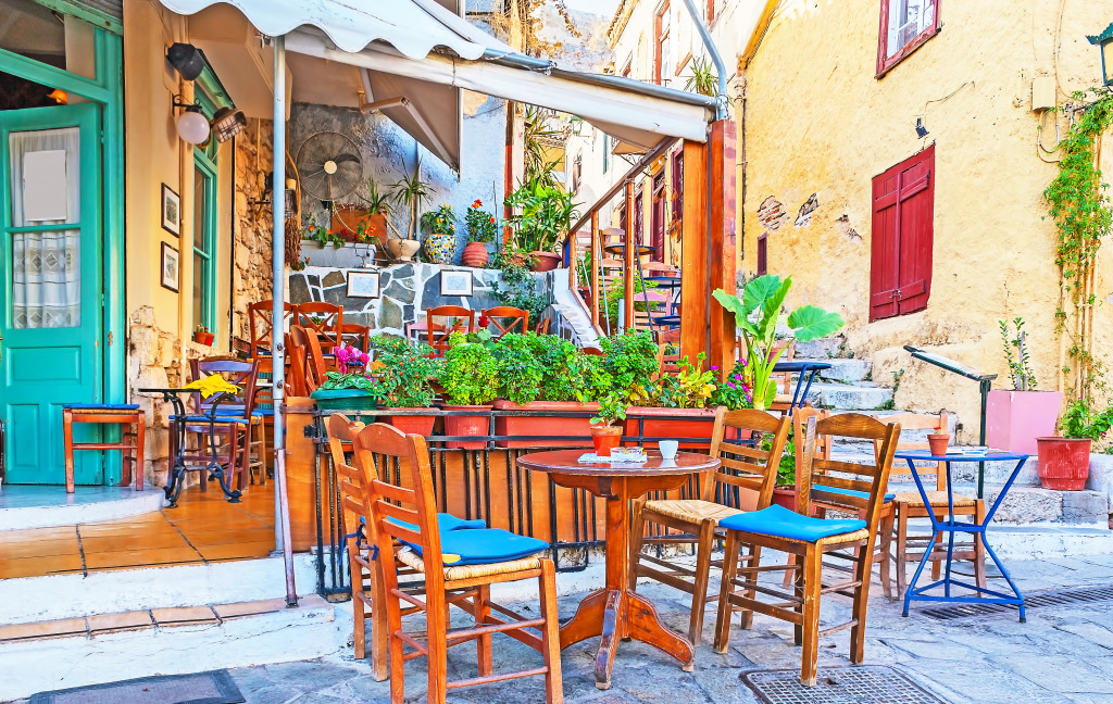 Street Cafe in Plaka, Athens, Greece jigsaw puzzle in Nourriture et boulangerie puzzles on TheJigsawPuzzles.com
