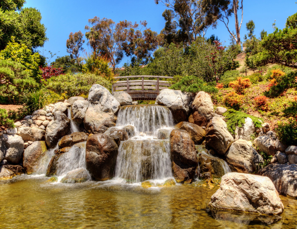 Pond with a Waterfall and Tropical Plants jigsaw puzzle in Waterfalls puzzles on TheJigsawPuzzles.com