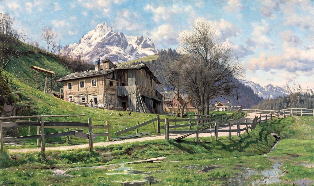 Landscape with Farm in Werfen jigsaw puzzle in Piece of Art puzzles on TheJigsawPuzzles.com