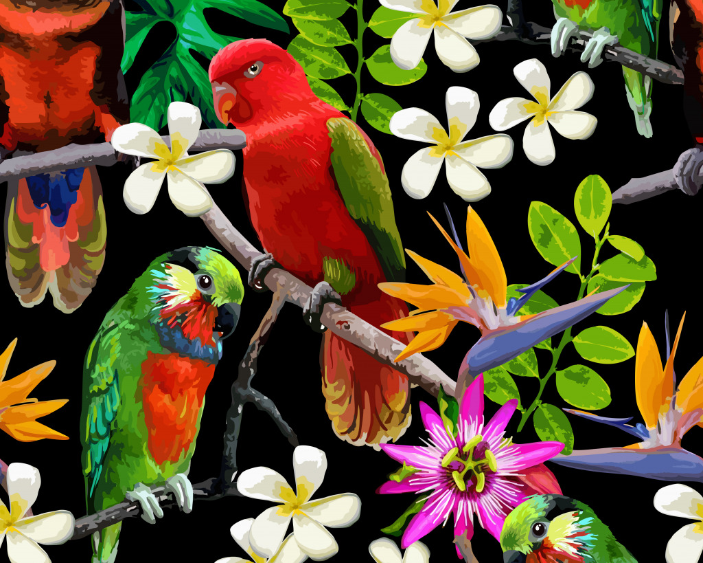 Exotische Vögel und tropische Blumen jigsaw puzzle in Tiere puzzles on TheJigsawPuzzles.com