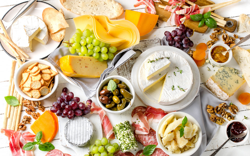 Charcuterie Assortment, Cheeses, Olives, Fruits jigsaw puzzle in Food & Bakery puzzles on TheJigsawPuzzles.com