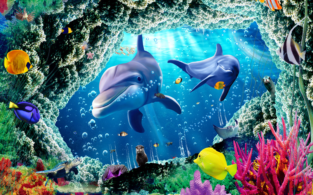 Dolphins and Tropical Fish jigsaw puzzle in Under the Sea puzzles on TheJigsawPuzzles.com
